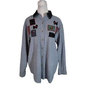 Donnkenny Classics Size M Chambray Scottish Terrier Plaid‎ Swatch Blue Button Up